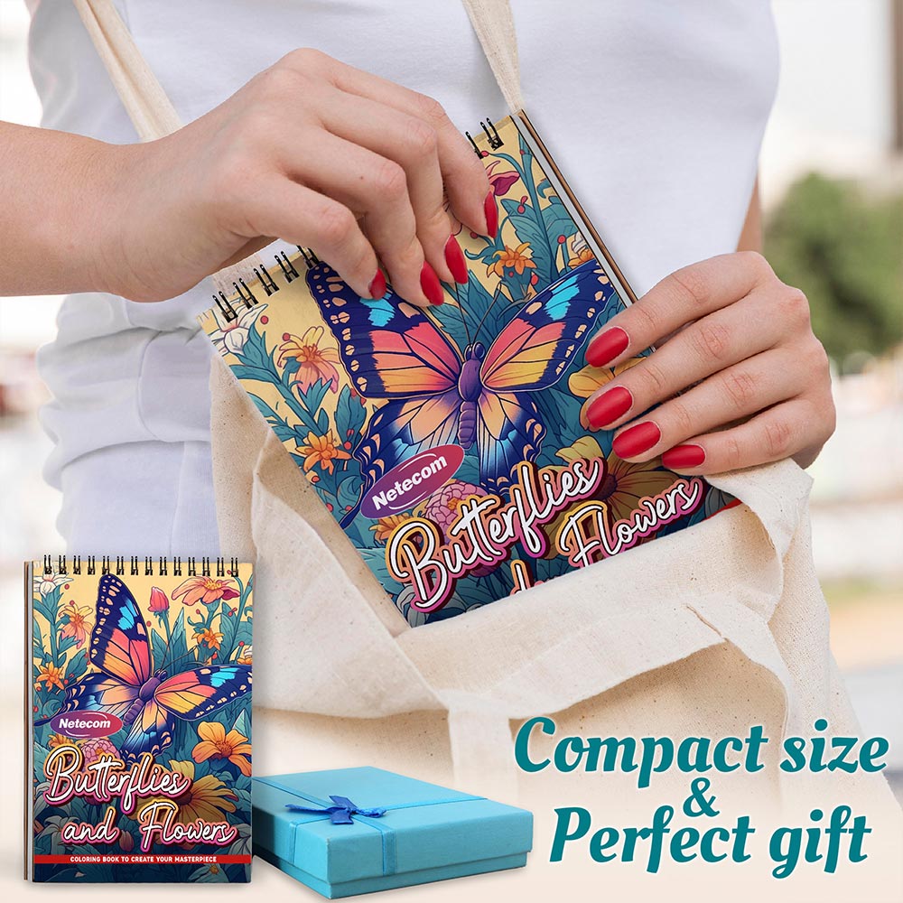Netecom Butterflies and Flowers Coloring Book Spiral Bound For Adults, A5 Wooden Cover, 30 Enchanting Coloring Pages of Delicate Butterflies and Beautiful Blossoms for Stress Relief and Relaxation