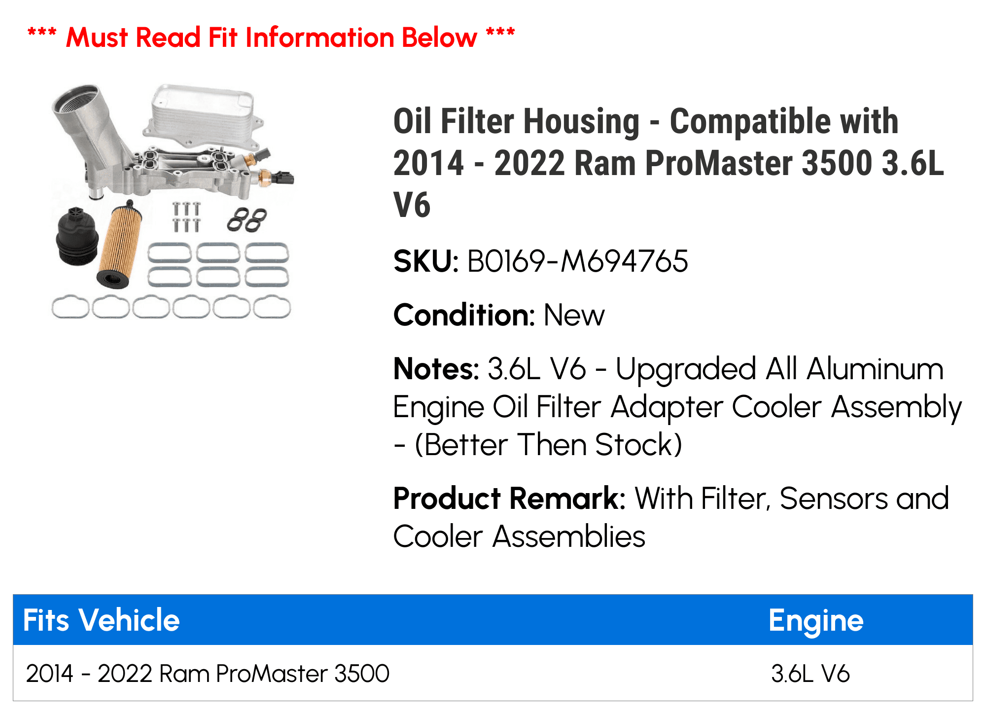 Oil Filter Housing - Compatible with 2014 - 2022 Ram ProMaster 3500 3.6L V6 - Replacement
