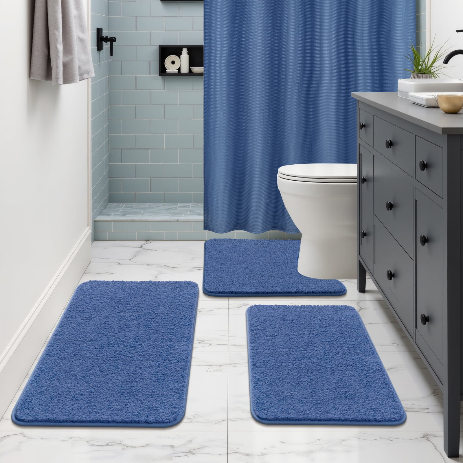 ‌Ileading 16-Piece Shower Curtain Set with Rugs, Waterproof Waffle Shower Curtain & Soft Non-Slip Bath Rugs with 12 Hooks, Blue Bathroom Sets