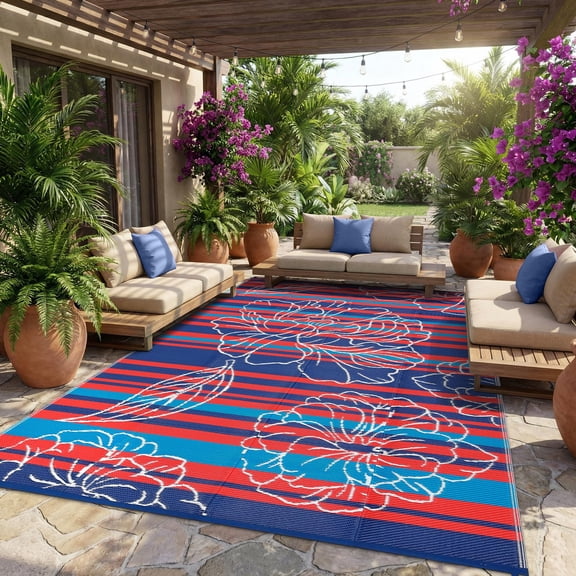 8x10ft Outdoor Waterproof Rug, Floral Outdoor Area Rug，Reversible Plastic Straw Patio Rug, Portable Camping Mat for RV, Picnic, Beach, Balcony, Garden & Camping Red&Navy