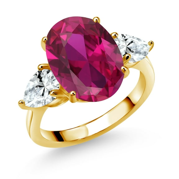 Gem Stone King 18K Yellow Gold Plated Silver Red Created Ruby and White Created Sapphire Ring for Women (5.00 Cttw, 14X10MM Oval and 7X5MM Pear Shape, Gemstone July Birthstone, Size 9)
