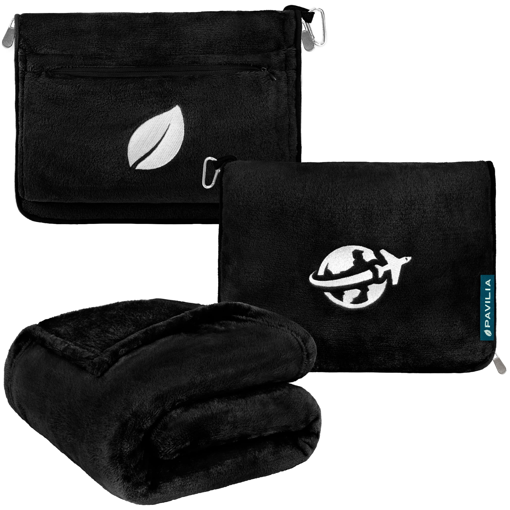 PAVILIA Compact 2-in-1 Travel Blanket Pillow for Airplane Flight, Black