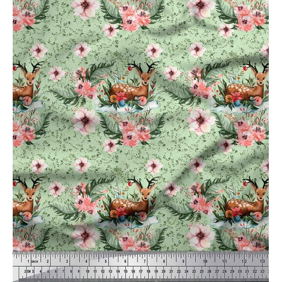 Soimoi Green Cotton Duck Fabric Deer & Magnolia Floral Print Sewing Fabric Yard 44 Inch Wide