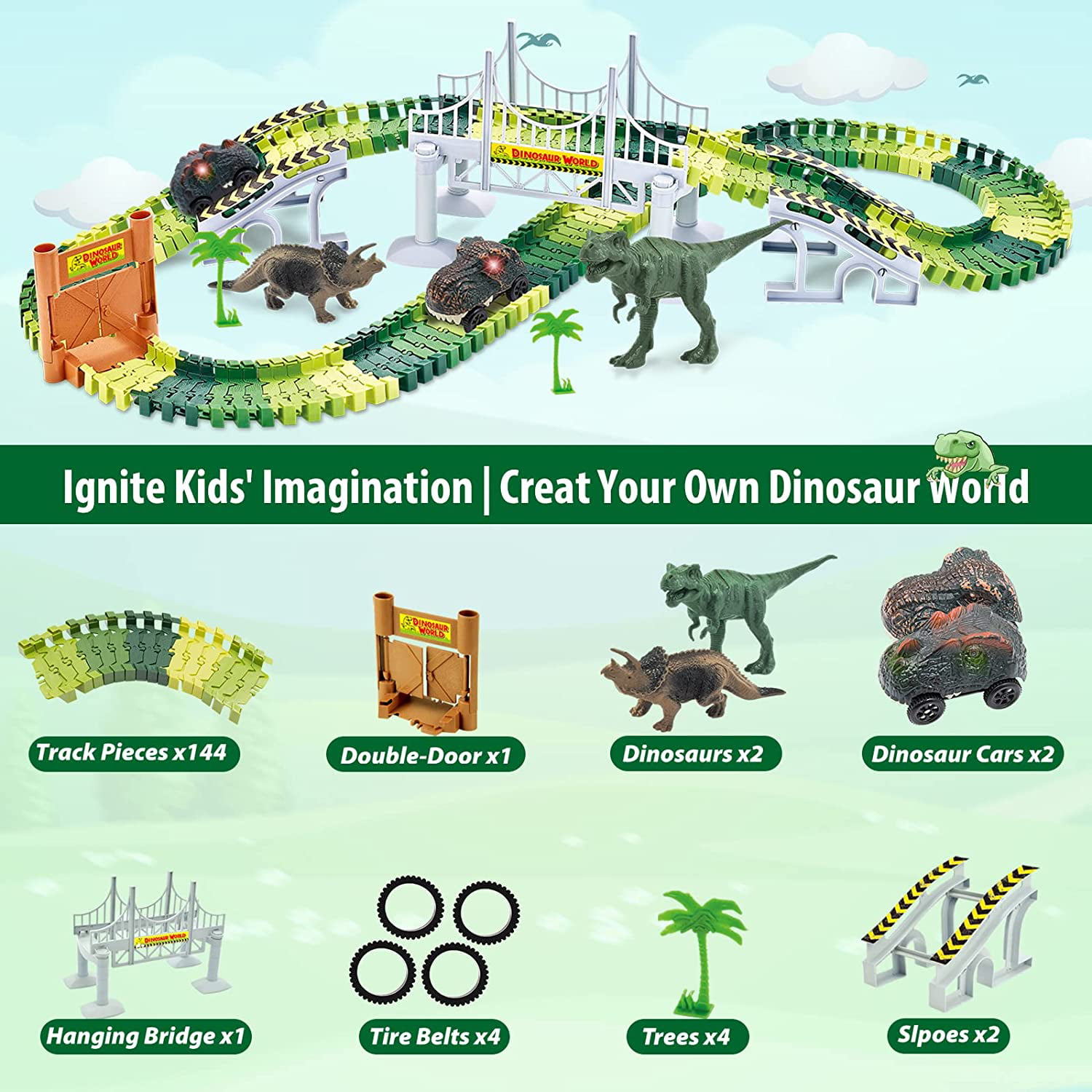 Dinosaur World Race Track Toys for Kids - Best Birthday Gifts  for Age 3 4 5 6 7 Year Old Boys and Girls, PREPOP Deluxe Dino Sets, 220 pcs  : Toys & Games