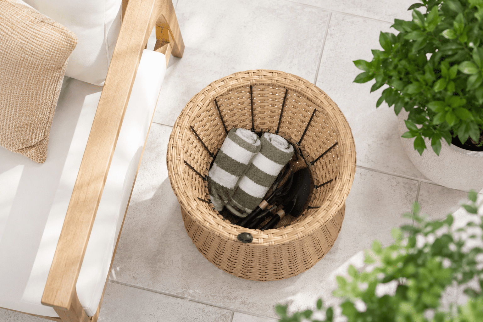 14.2" Polyrattan Stool with Wood Lid, Natural Resin Wicker Accent Table – Indoor Outdoor Side Table with Steel Frame