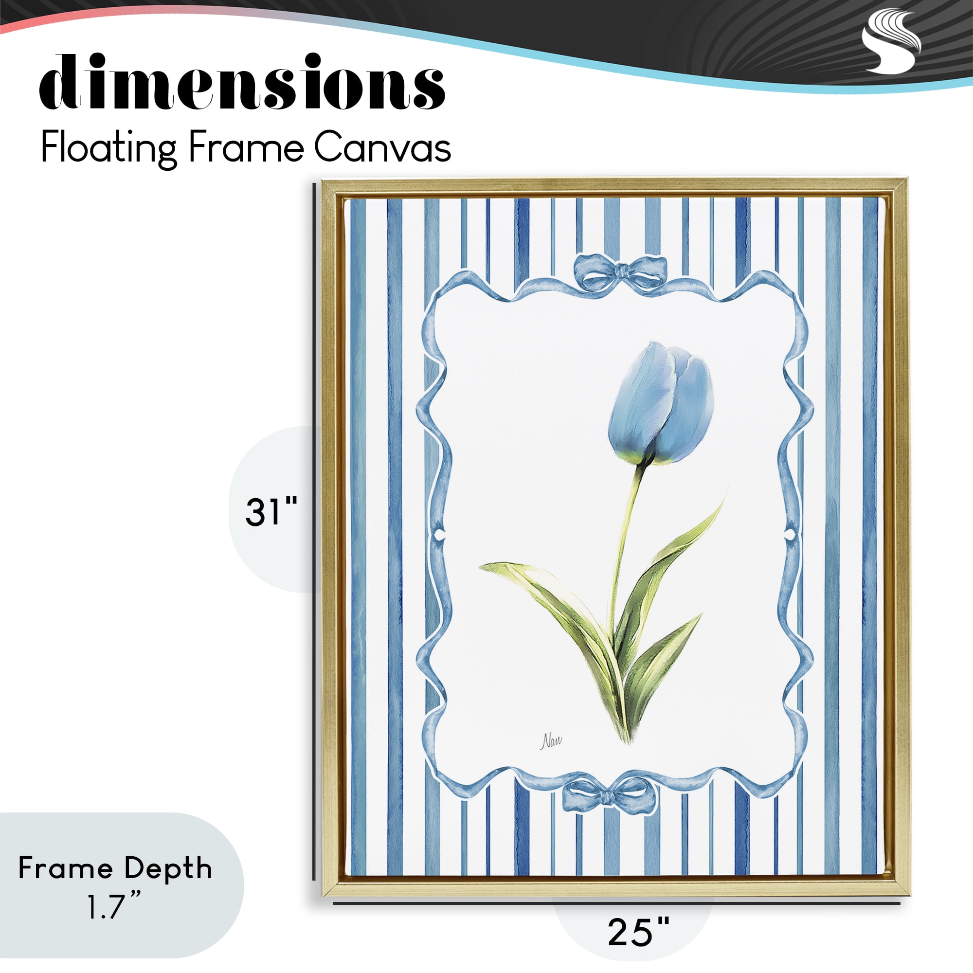 Stupell Industries Blue Tulip & Ribbon Border Gold Framed Floater Canvas Wall Art, design by Nan