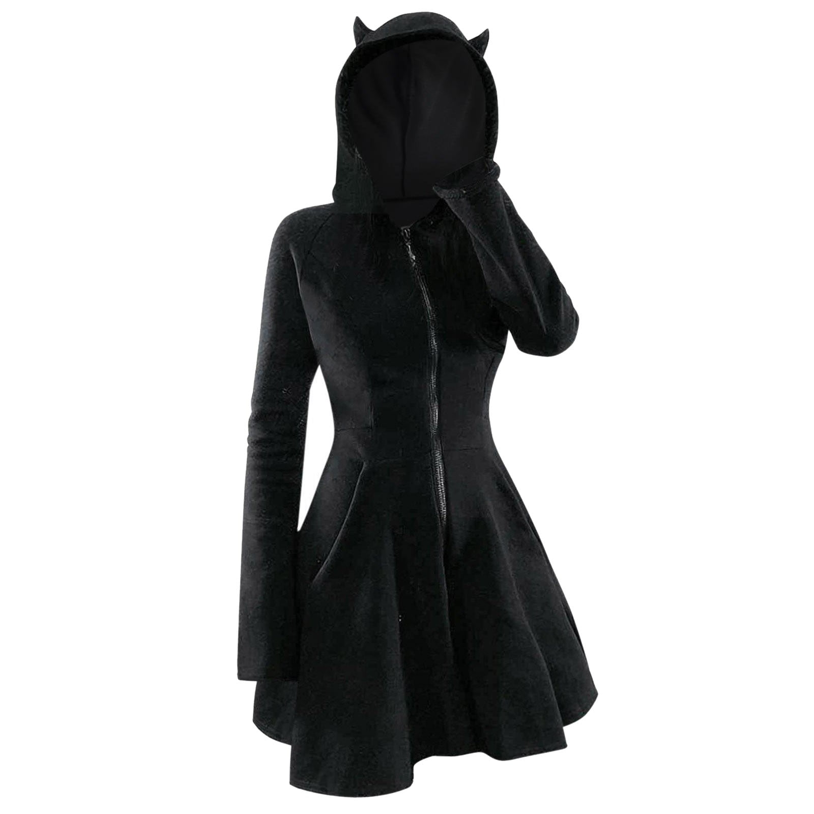 QATAINLAV Womens Gothic Hoodies Dress Fall Winter Long Sleeve Velvet Sweatshirts Cute Cat Ear Hooded Zip up Dresses with Pockets, Black, M