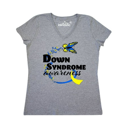 - Down Syndrome Awareness with Butterfly and Ribbon Women's V-Neck T-Shirt