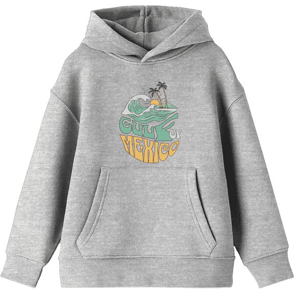 Gulf of Mexico Wave Text Youth Heather Gray Long Sleee Hoodie-Medium