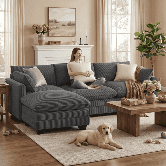 Noelse 110" Small Space Modular Sectional Cloud Couch - Living Room Furniture, 3-Seater Comfy Corduroy Deep Seat Sofa with Movable Ottoman & 2 Pillows for Living Room, Bedroom, Apartment, Grey