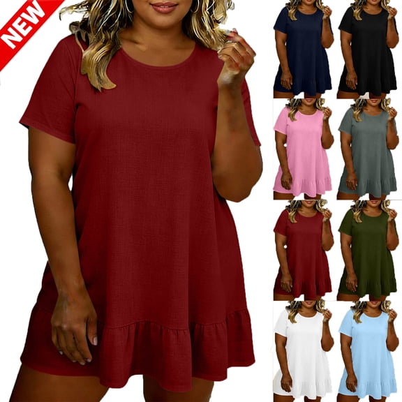 Tqyyweavej Women's Plus Size Dresses Oversized Ruffle Crew Neck Mini Dress Loose Fit Solid Color Short Sleeve Summer Dresses for Women