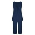 thumbnail image 6 of Nrmvnmi Women's Summer Pajamas Loose Loungewear Sets Pleated Round Neck Sleeveless Tops and Elastic Waist Capri Pants Lounge Sets 2 Piece Outfits Dark Blue MMothers Day Gifts, 6 of 8