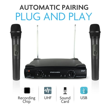 Starqueen Dual-Channel Wireless Microphone System with 2 Handheld Dynamic Mics, Cordless Portable Stage Karaoke Machine for Home KTV Party Speech