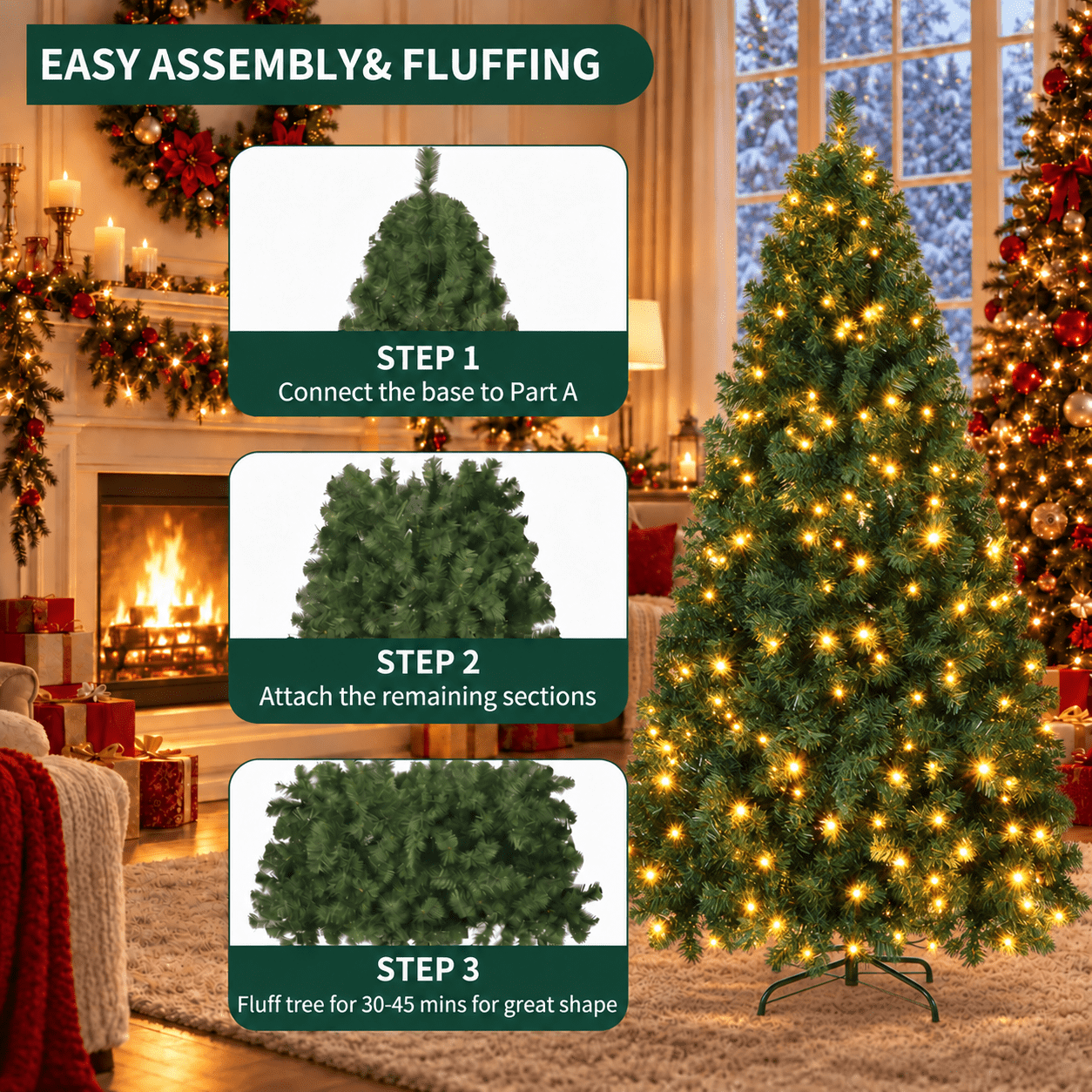 Fenbeli 6ft Pre-Lit Artificial Christmas Tree, 250 Warm White LED Lights, 1,000 PVC Branch Tips, Full Hinged Design with Foldable Metal Stand, Easy Assembly for Indoor & Outdoor Holiday Decor, Green