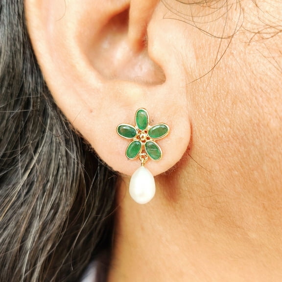Natural Emerald & Pearl Earrings, 14K Solid Gold Earrings, Emerald and Pearl Drops, Dainty Emerald Floral Studs, May Birthstone Studs