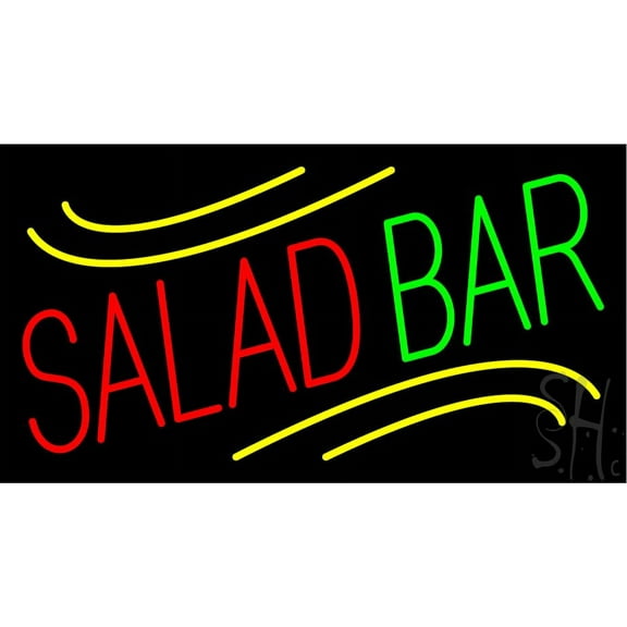 Salad Bar with Yellow Border LED Neon Sign 13 x 24 - inches, Clear Edge Cut Acrylic Backing, with Dimmer - Bright and Premium built indoor LED Neon Sign for restaurant window and interior decor.