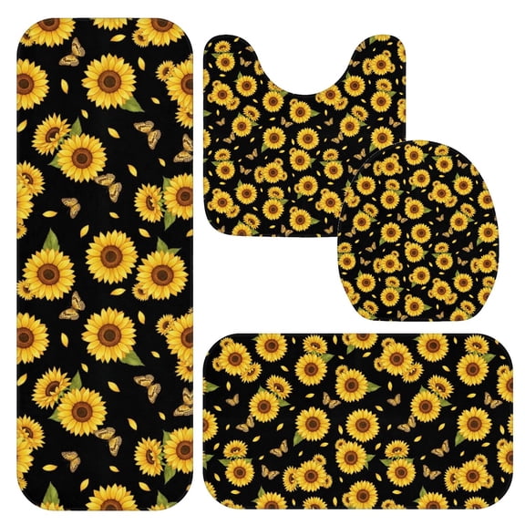 Sunflower and Butterfly Black Pattern Bathroom Rug Set 4 Piece,Includes Contour,Lid Cover,Bath Mat,Non-Slip Extra Soft Absorbent Washable
