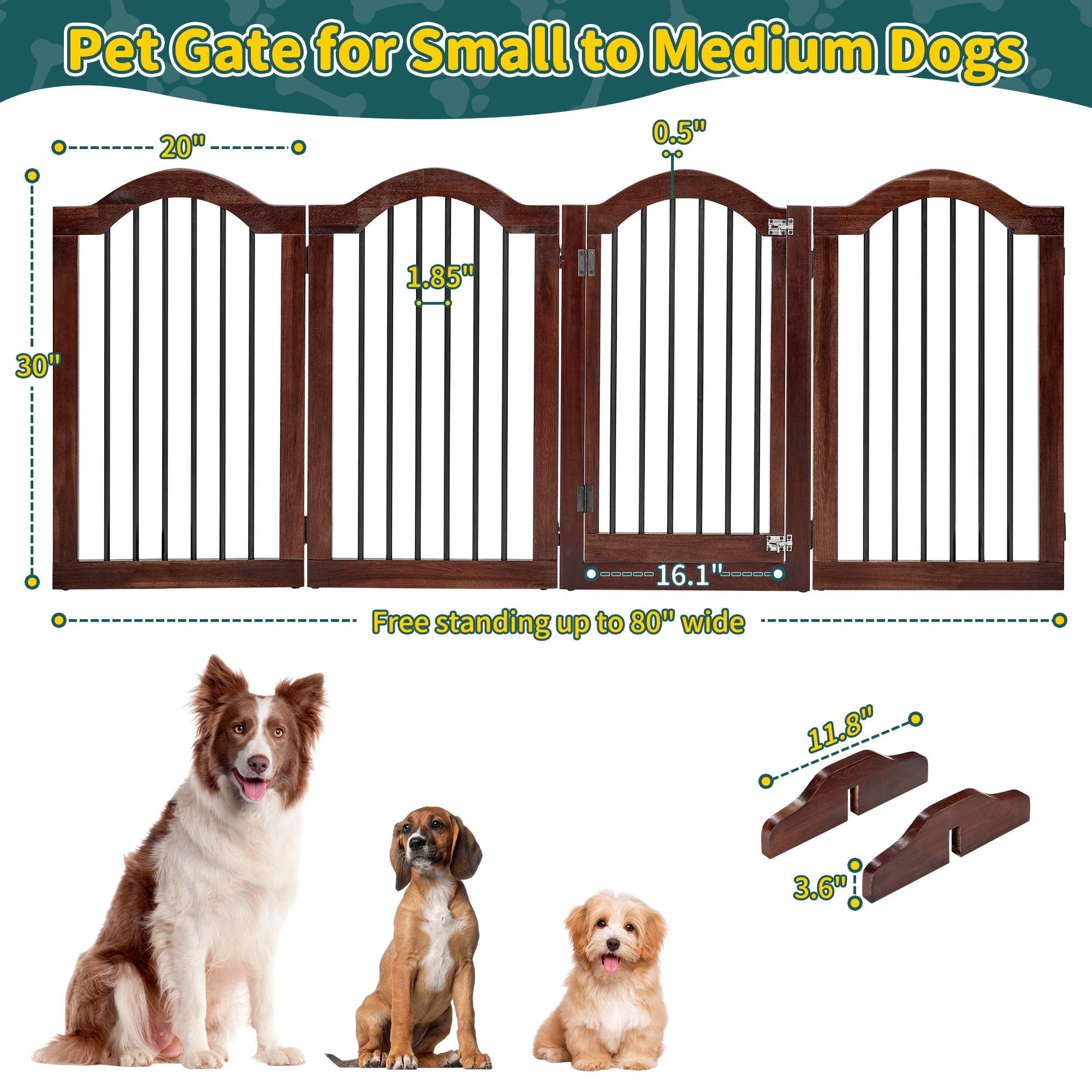 TrumanPick Free Standing Pet Gate with Door 30"H x 84"W Foldable Dog Gate 4 Panels Solid Wooden Dog Fence Indoor with Support Feet for House Doorways Stairs, Brown