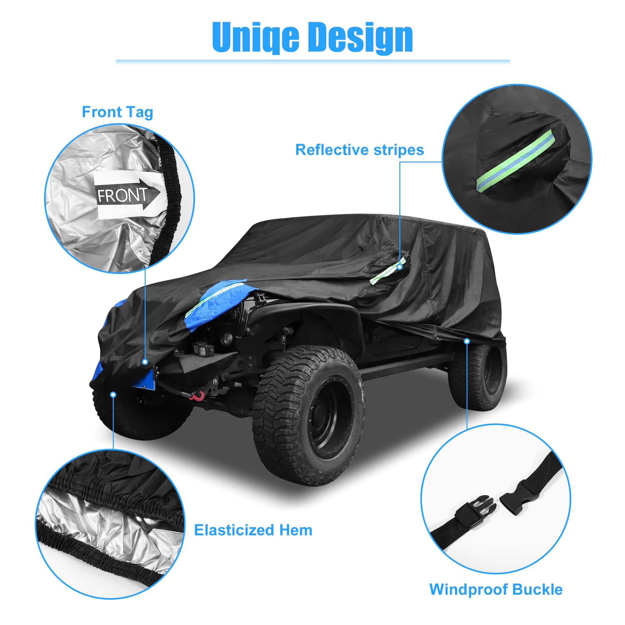 Unique Bargains Car Cover for Jeep Wrangler JK JL 2 door 07-21 210D Outdoor Black Blue