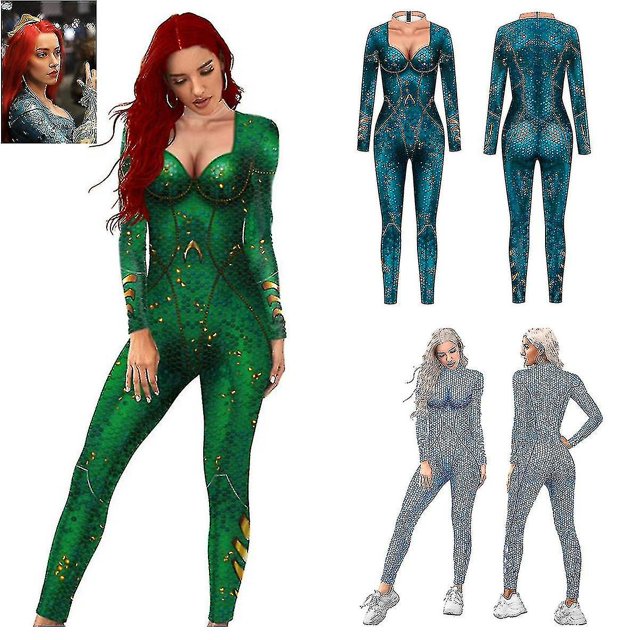 aquaman arthur curry atlantis queen mera catsuit cosplay mono halloween mujeres niñas zentai carnaval fancy ball body alta calidad ltx estilo 2 — Mono ceñido verde con estampado tipo escamas y detalles dorados, escote pronunciado y mangas largas, costuras que definen copas, cierre en la nuca; vistas frontal y trasera en miniaturas; ideal para cosplay y disfraces de Halloween.