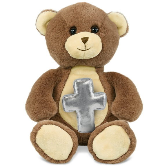 DolliBu Super Soft Brown Bear Stuffed Animal with Silver Cross Plush - Religious Baptism Gifts for Boys and Girls, Dedication Christening Gifts Plush Prayer Toy Healing Stuffed Animal - 10 Inches