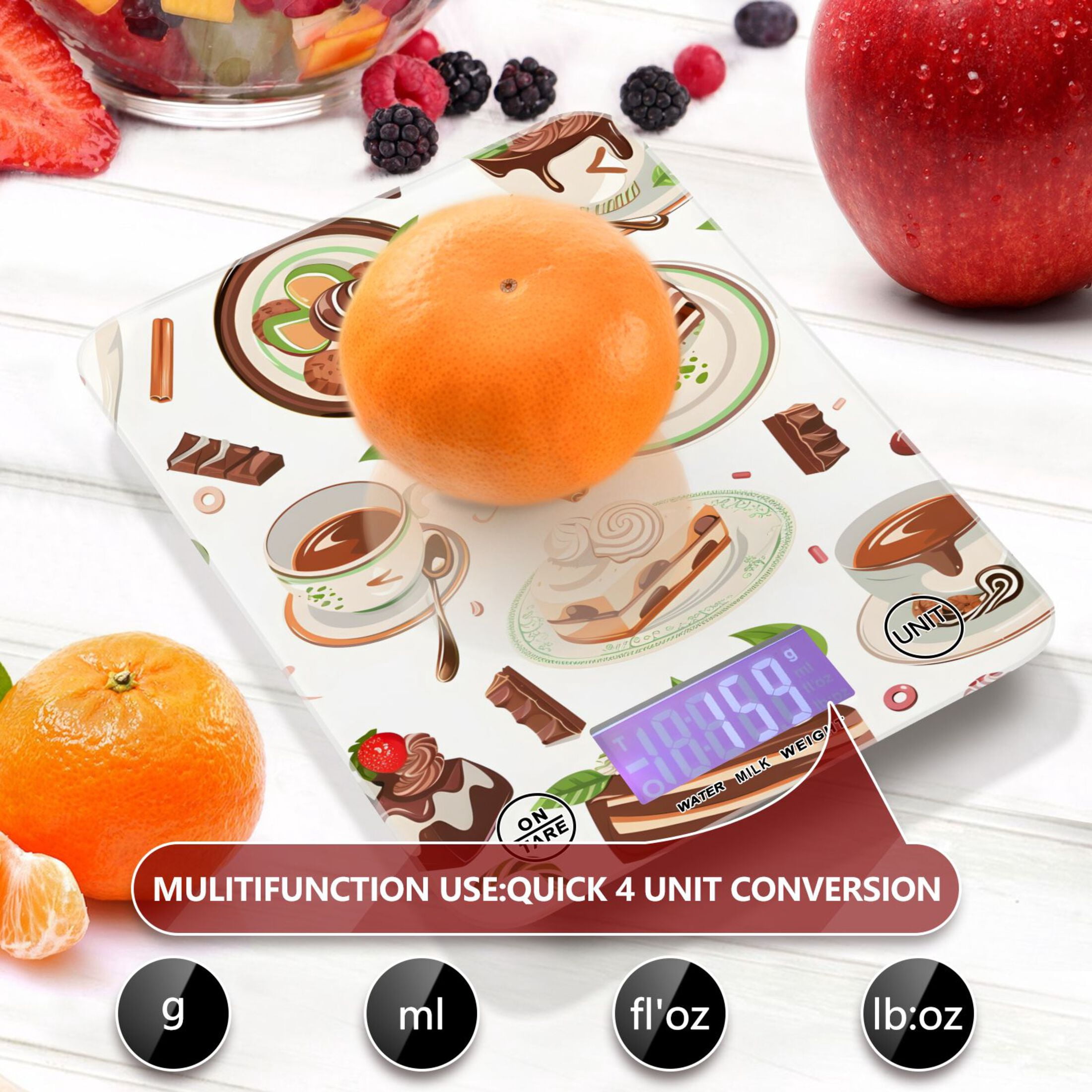 Coffee Tea Cups Cakes Leaves Food Scale Digital Kitchen Scale Waterproof Tempered Glass Tare Function 11 lb for Baking Cooking Meal Prep
