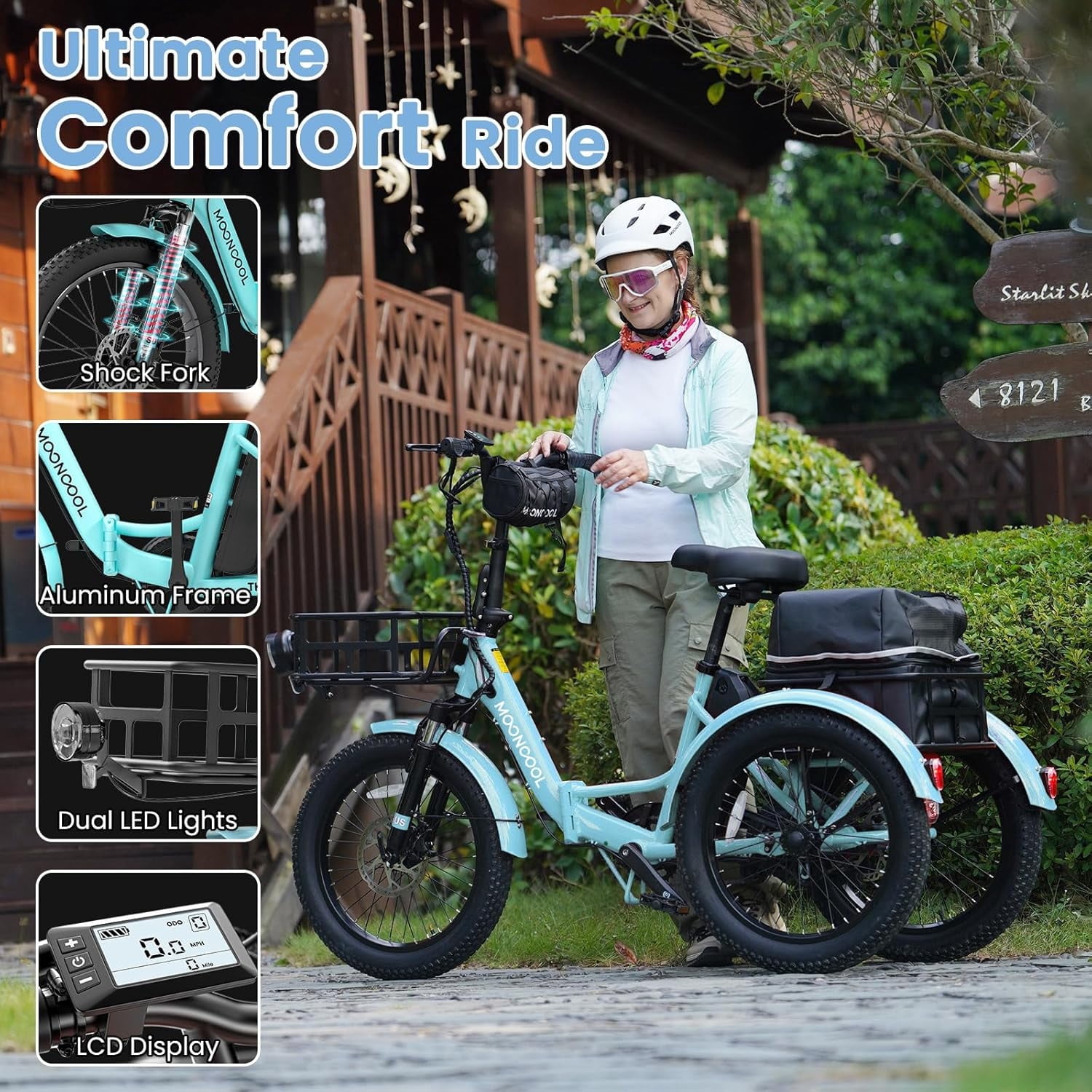 MOONCOOL TK1 Folding Electric Tricycle for Adults,48V 14.5Ah Removable battery, Peak 1000W Motor, 20" Fat Tire Step-Thru 3 Wheel Electric Bicycle W/ Mirrows Kit