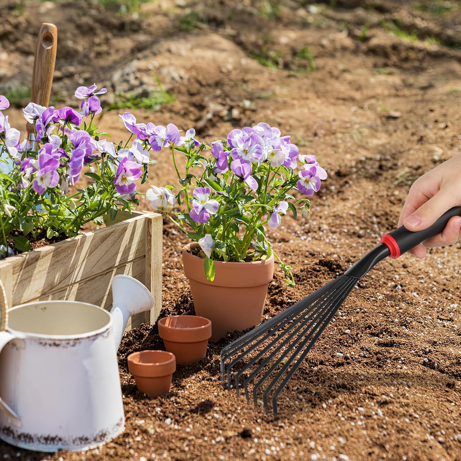 ABPETE 2pcs Gardening Hand Rakes Metal Ash Rakes Hand Tiller Mini Garden Cultivator Tools Portable Rake with Handle and 9 Tines for Yard Lawn Shrub Flower Beds