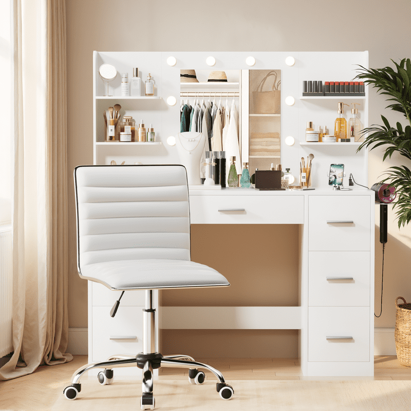 Lacoo Task Chair Desk Chair Mid Back Armless Vanity Chair Swivel Office Rolling Leather Computer Chairs Ribbed Adjustable Conference Chair (White)