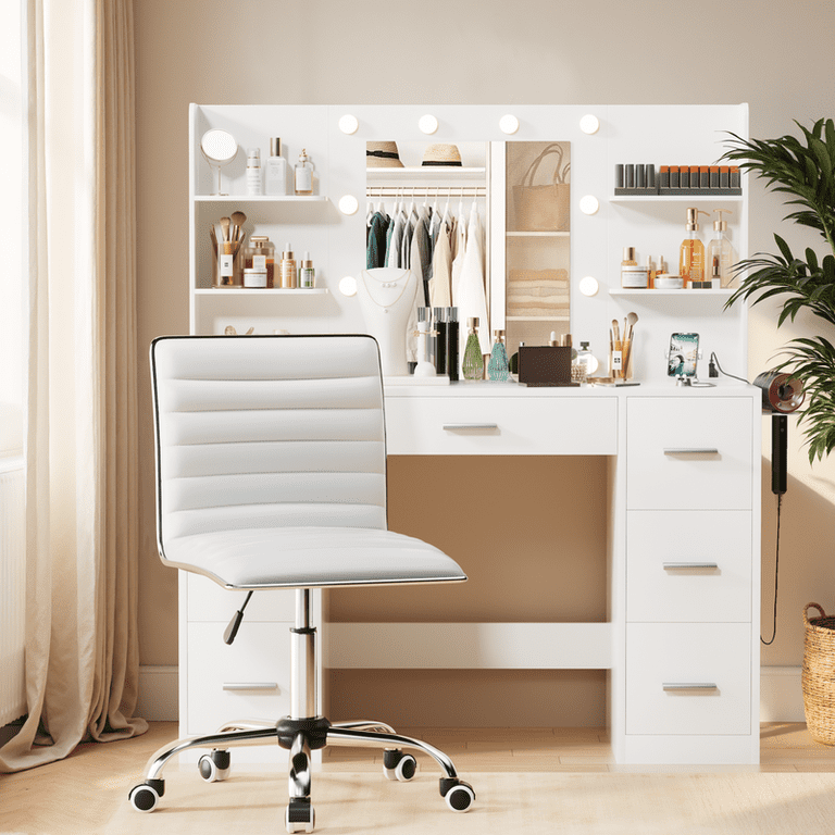 Lacoo Mid-Back Armless Task Chair, White Faux Leather photo 2