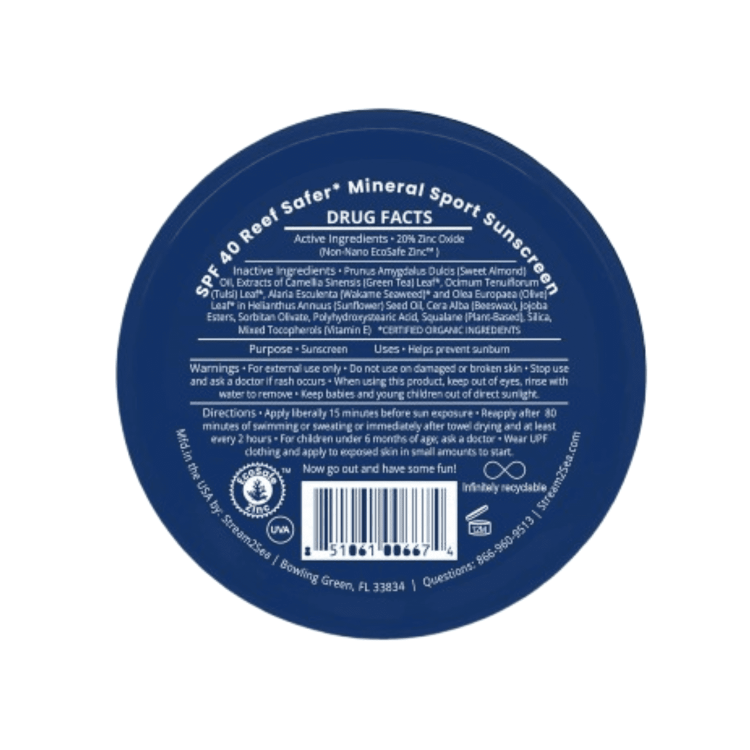 STREAM2SEA SPF 40 Mineral Sport Sunscreen for Face & Body, Reef Safe Sunscreen Travel Size - 2.8 oz