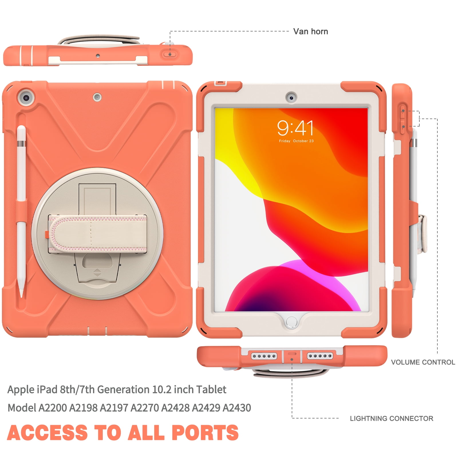 Allytech iPad 9.7 6th 5th Generation Case with Screen Protector, Heavy Duty Protection Rugged Kids Friendly Shockproof Kickstand Pencil Holder Case Cover for Apple iPad 9.7" 2018/2017,Orange