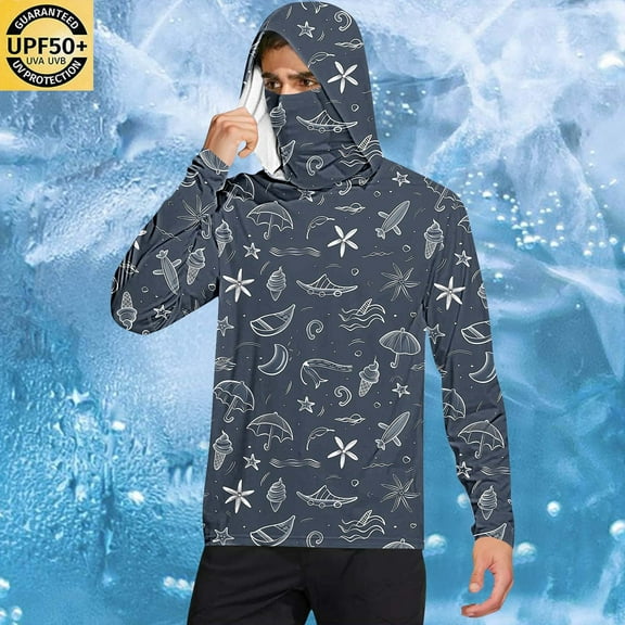 DDAPJ pyju Men's Performance Fishing Hoodie Shirt UPF 50  Sun Protection Long Sleeve Printed Hooded Shirts with Face Mask Dark Gray XL