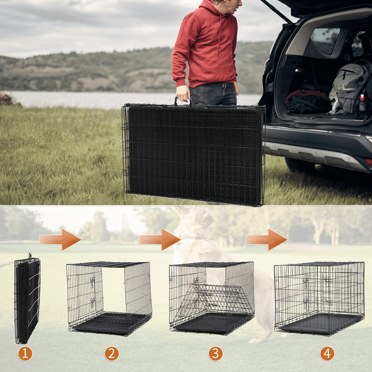 Dkelincs 48 inch Large Dog Crate Portable Foldable Dog Cage with 2 Doors, Handle, Plastic Tray, XXL Dog Kennel for Medium Large Puppy, Black