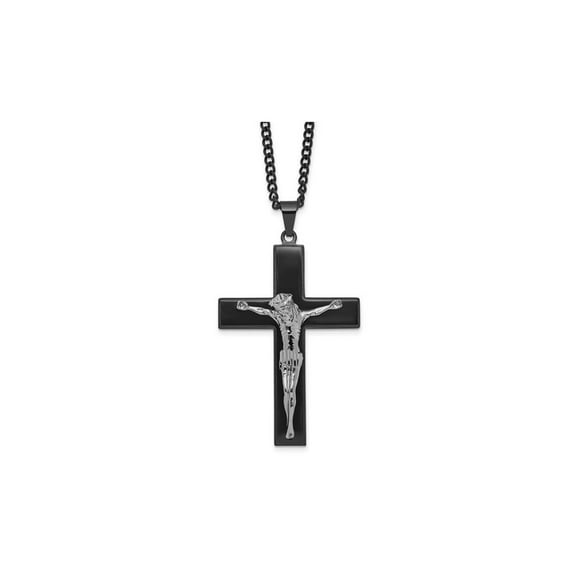 Black Stainless Steel Large Crucifix Cross Pendant Necklace with Chain (24 inch) for Men