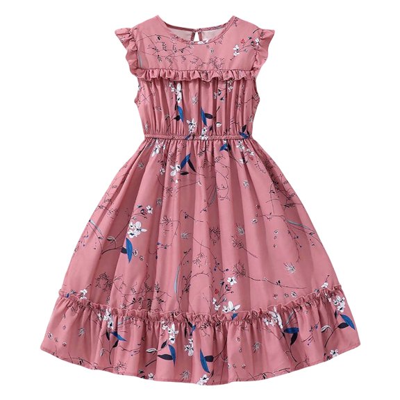 MEZZALL Toddler Girls Summer Dress With Floral Print Waistband Flounce Hem Casual School Outfits For Big Kids Age-8 12 Cozy Baby Wear