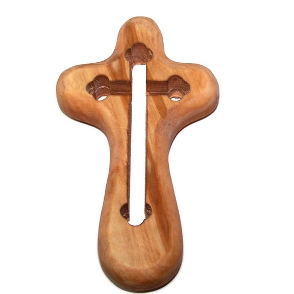 Holy Land Market Hand Cross Carved with Byzantine - Orthodox Cross Shape All The Way Through Package. Comes with Gift Box,Velvet Bag & Lord's Prayer Card - 4" Cross