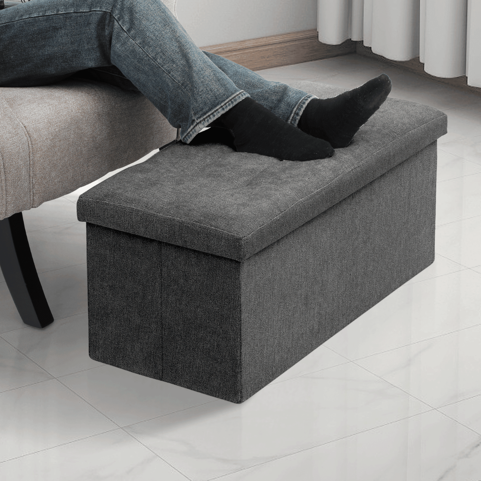 MoNiBloom 30" Folding Storage Ottoman Bench, Cotton-linen Collapsible Footrest Ottoman with Storage, for Living Room Bedroom Entryway, Dark Gray