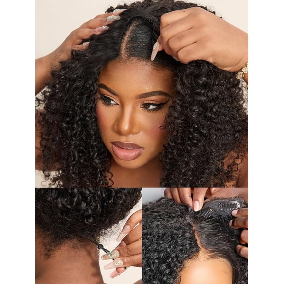 LUVME V Part Half Wig Drawstring Kinky Curly 16" U Part 100% Real Human Hair Glueless None Lace Wigs 200 Density Natural Color