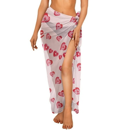 FKELYI Women Sarong Soft Swimsuit Coverups for Summer Chiffon Long Bikini Wraps Pink Love Heart Print Semi-Sheer Beach Pareo Bathing Suit Cover Up Beach Dress