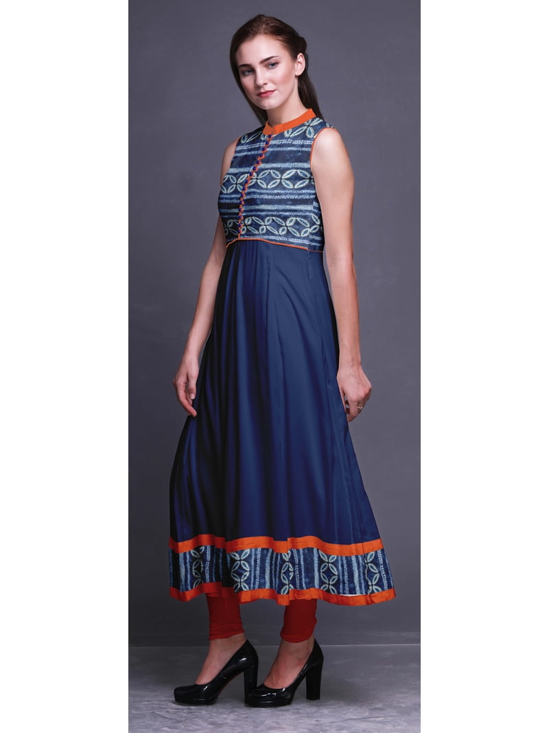 Bimba Indigo Blue3 Shibori Anarkali Dress Mandarin Collar Sleeveless Kurtis  for Women Print Maxi Dress XXX-Large - Walmart.com