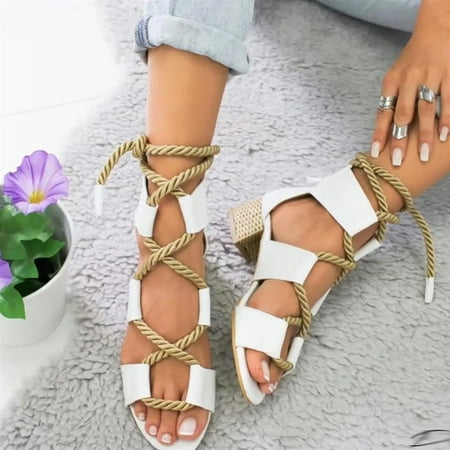 

Yoslce Shoes For Women Women S Solid Color Low Heel Fish Mouth Ankle Strap Hemp Rope Sandal