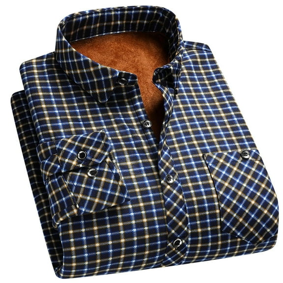 LIaqionyy Big and Tall Shirts of Mens Plaid Button down Shirt Fleece Lined Casual Warm Work Tops with Pockets