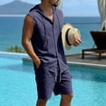 thumbnail image 5 of HBGVBA Mens Summer Set Solid Color Loose Linen Pocket Elastic Waist Shorts Button Hooded Tank Top Shirt 2 Piece Beach Set, 5 of 5