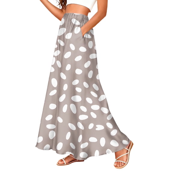 LWavelet Women Polka Dot Print Maxi Skirt Elastic Waist With Pockets Casual Summer Long Skirt Camel S