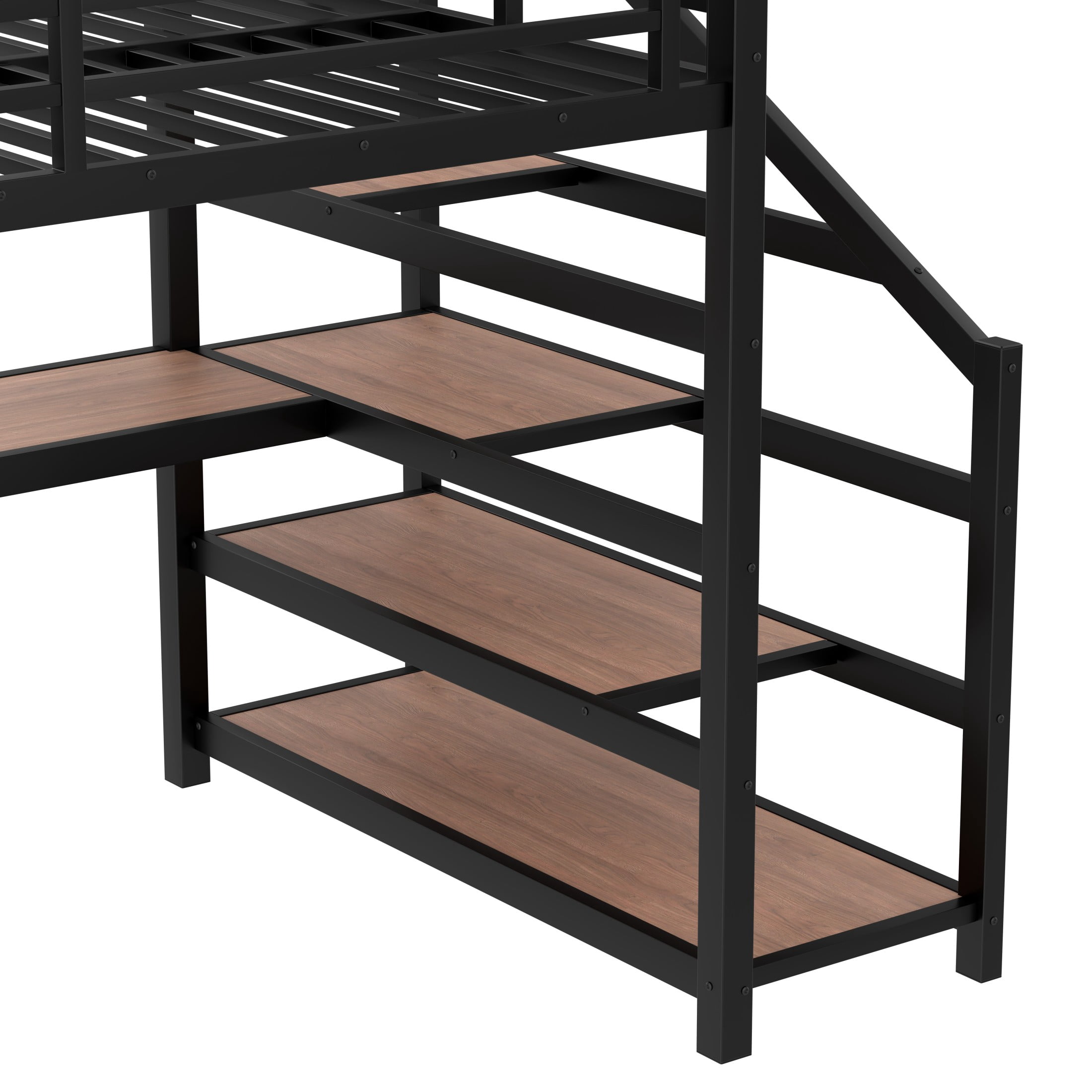 Aukfa Full Size Metal Loft Bed with Desk, Storage Stairs, LED Lights & USB Ports, Heavy-Duty Noise-Free Bed Frame for Teens, Kids & Adults, Black
