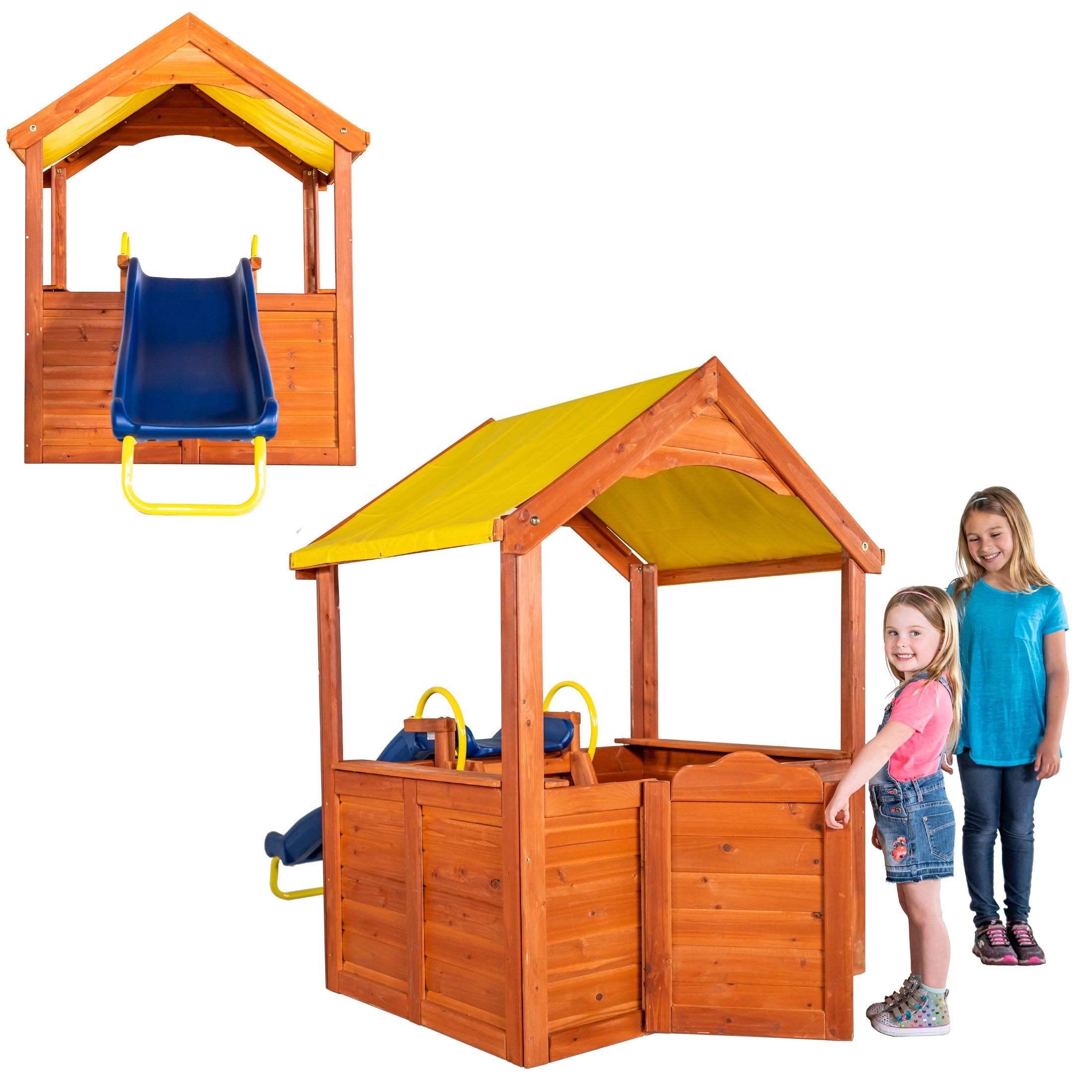 Sportspower Encinitas Wooden Playhouse with 4' Slide, Yellow Canopy & Table
