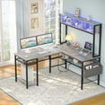 thumbnail image 2 of Homieasy L Shaped Desk with Power Outlets and USB Ports, 55'' Reversible L-Shaped Gaming Desk with LED Strip and Storage Shelves, Industrial Corner Computer Desk with Hutch for Home Office, White Oak, 2 of 8