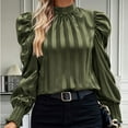 thumbnail image 2 of ATOYSOY Solid Color Striped Tops Casual Elegant Puff Sleeve Business Tees Outwear Fall Mock Neck Button Pullovers Trendy Loose Satin Shirts for Women Green L, 2 of 5