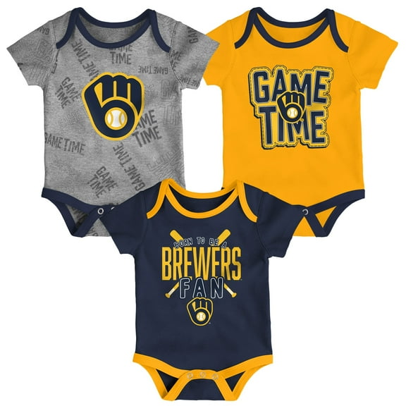 Newborn & Infant Milwaukee Brewers Navy/Gold/Heathered Gray Game Time Three-Piece Bodysuit Set